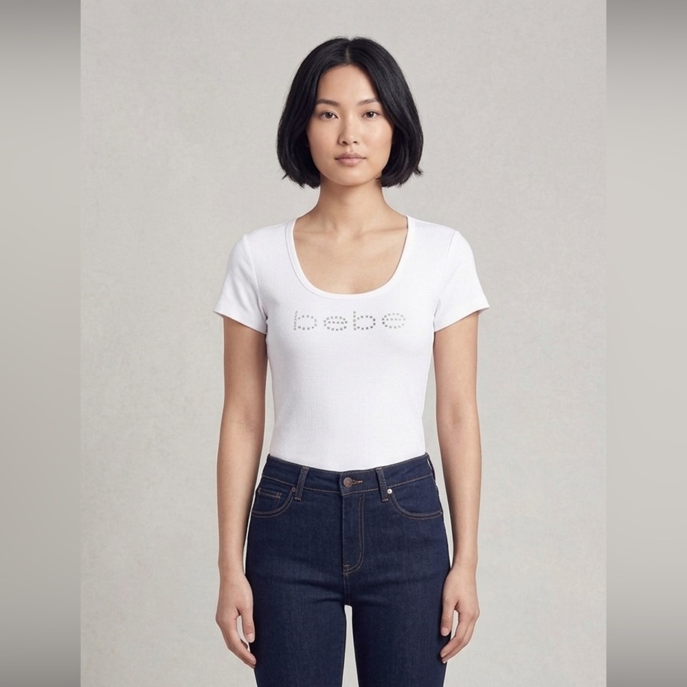 New BEBE Rhinestone Logo top tee scoop neck white size M